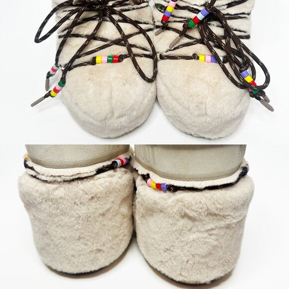 Moon Boot Resort Icon Low Cream Faux Fur Beaded Lace Up Snow Boots 5.5 - 7 - Picture 15 of 16